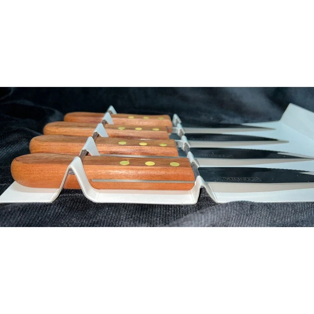4  NIB Oneida Jumbo Steak Knives Wood Handles Stainless Serrated Blades